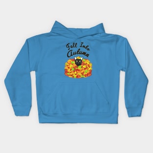 Fall Into Autumn. Kitty Cat in a Pile of Colorful Leaves. (White Background) Kids Hoodie